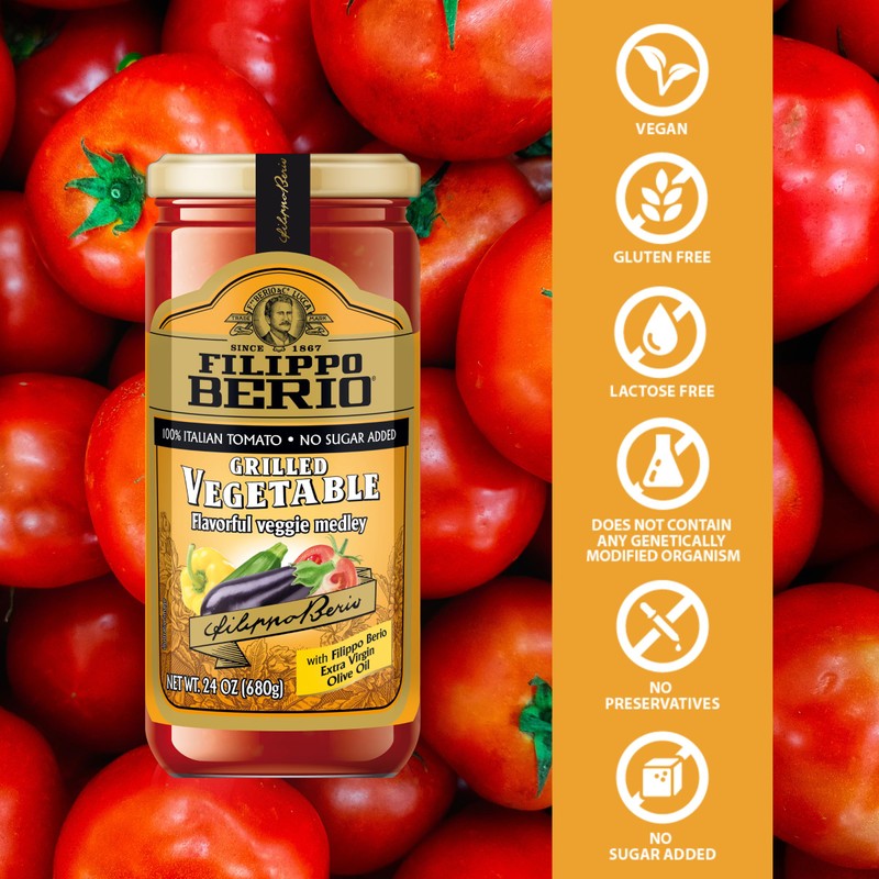 Filippo Berio Pasta Sauce, Grilled Vegetable Sauce, 24 Ounce Glass