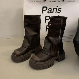 Women's Mid Platform Short Booties Retro Belt Buckle Ladies Biker Boots Casual Tooling Boots BrownColor: Brown, EUR Size: 40