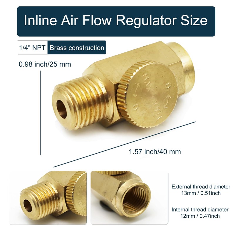 2pcs Brass In-Line Air Flow Regulator Adjustable 1/4" NPT Male