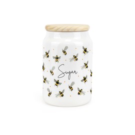 Purely Home Scattered Bees Ceramic Sugar Storage Canister - Bumblebee Ceramic Kitchen Food Storage Container & Wooden Lid 600ml (14.5cm x 9.5cm)