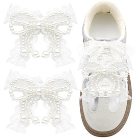 WEGOODZF 2 pcs White Lace and Pearls Bowknot Shoe Charms for Women Sneakers