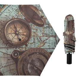 Poeticcity Vintage Pirate Compasses Retro Key Openers Ancient World Maps Folding Umbrella, Anti-UV 3 Folds Lightweight Parasol, Compact Windproof Strong Umbrellas for Car Travel Sun & Rain