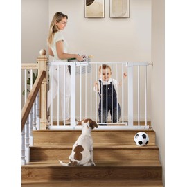 COMOMY 30" Tall Baby Gate for Stairs Doorways, Fits Openings 29.5" to 46" Wide, Auto Close Extra Wide Dog Gate for House, Pressure Mounted Easy Walk Through Pet Gate with Door, White