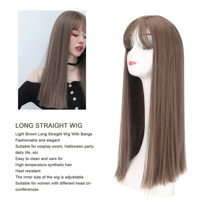 Women Light Brown Wig with Bangs Long Straight Synthetic Realistic