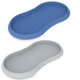 Koluti Salt and Pepper Mill Holder Silicone Tray Set of 2, Pepper Grinder Seasoning Bottle Rest Serving Platter for Kitchen Counter, Dining Table Protector and Rustic Small Board, Blue & Grey