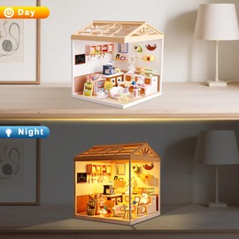 Loyratche DIY Miniature House Kit Plastic House Building Toy Set with Roof & 2 Doors, Mini Dollhouse Kit with LED for Mini Figures Construction Toys Diorama Kit Gifts for Teens Adults (Happy Cat Pet)