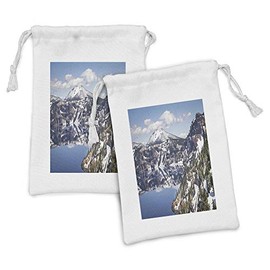 Ambesonne Nature Scene Fabric Pouch Set of 2, Wild Natural Scenic View of Reflections on Calm Clear Crater Lake, Small Drawstring Bag for Toiletries Masks and Favors, 9" x 6", Dark Lavender Dark Grey