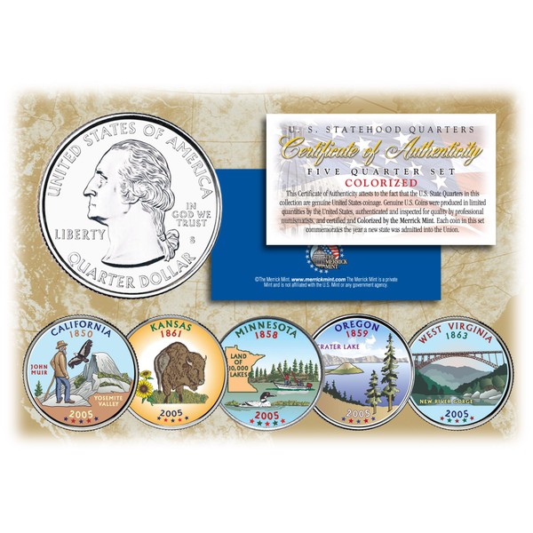 2005 US Statehood Quarters COLORIZED Legal Tender 5-Coin Complete Set w/Capsules