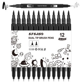 SFSASO Black Drawing Pens, 12 Pack Dual Tip Brush Pens - Fine Liner & Brush Markers for Sketching, Calligraphy, Journaling - Water-Based, Quick-Drying Ink - Ideal for Artists, Adults & Kids