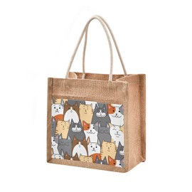 CaTaKu Cats Funny Jute Tote Bags with Handles & Zipper Reusable Shopping Grocery Bags Burlap Bags with Front Canvas Pocket Gift Bags for Beach 10" x 10"