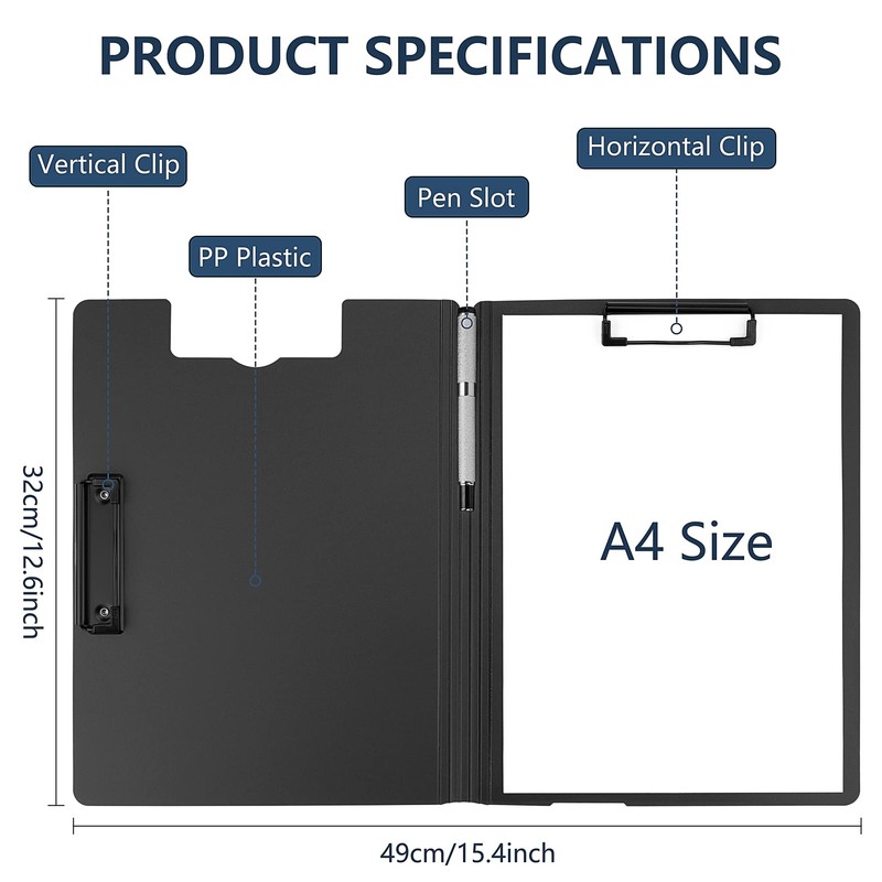 Pechor 4pcs Clipboard Folder A4 Foldover Plastic PVC Covered, Foldable
