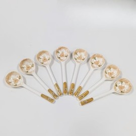 8 Pcs Round Soup Spoons,Wonton Soup Spoons,Deep Soup Spoons,Ceramic Soup Spoon,Japanese Spoons,Ramen Spoon,Chinese Spoons,Serving Utensils suitable for Kitchen & Dining (Brown Flower)