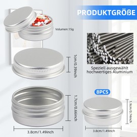 Pack of 8 aluminium empty containers, 15 ml small aluminium cans, portable small tin container with lid, for ointments, cosmetics, beard balm, candles (silver)