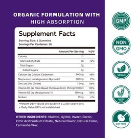 Calcium Magnesium Zinc Gummies with Vitamin D3 & K2 - High Potency Enhanced Absorption -120 Blueberry Gummies Flavored