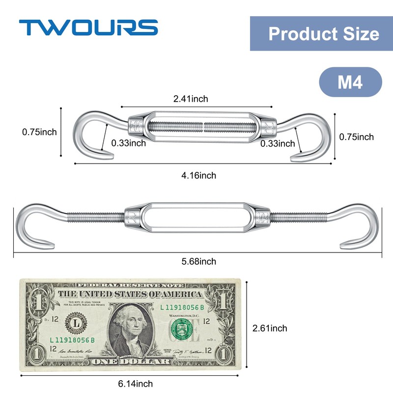 Hook & Hook Turnbuckles Twours 304 Stainless Steel Heavy Duty