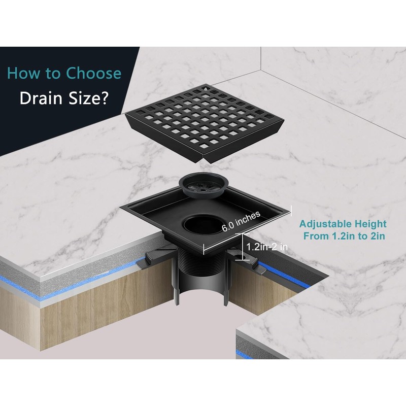 6 Inch Square Shower Drain Kit, Matte Black 304 Stainless