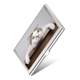 Rouidr Business Card Holder, Small Business Card Case, Slim Metal Business Card Organizer, Pocket Name Card Holder Wallet for Men Women (Cute Cat)