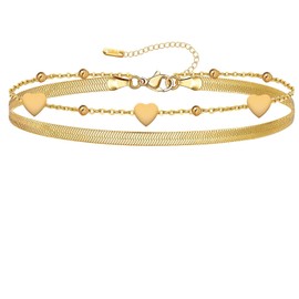 PINCHUAN 1PCS Gold Anklet for Women 18K Real Gold Ankle Bracelet Waterproof Layered Adjustable Butterfly Heart Snake Chain Anklet Summer Beach Foot Jewelry-Heart