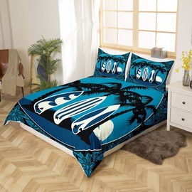 Palmier Bed Linen 140 x 200 cm Surf Bed Linen Surfboard Boho Flowers Duvet Cover Hawaiian Tropical Island Blue 2-Piece with 1 Pillowcase