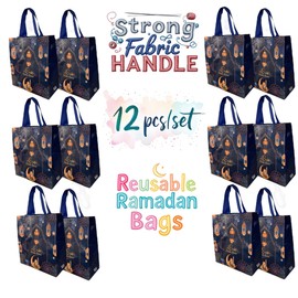 12 PCS Ramadan Mubarak Reusable Gift Bags, Party Bags Goodie Bags Party Supplies Blue Green Purple Black Treat Bags with Handles, Muslim Party Favor Supplies Party Decorations Favors 11” x 10.5" (Purple_12 Pcs)