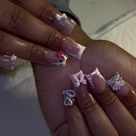 24pcs Pink Press on Nails Short Square Fake Nails French Tip Press ones with Bow designs Cute False Nails Full Cover Glitter Stick on Nails Acrylic Nails for Women Daily Wear