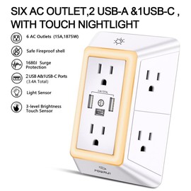 POWRUI Multi Plug Outlet Surge Protector - 6 Outlet Extender with 3 USB Ports (1 USB...
