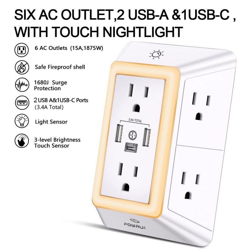 POWRUI Multi Plug Outlet Surge Protector - 6 Outlet Extender