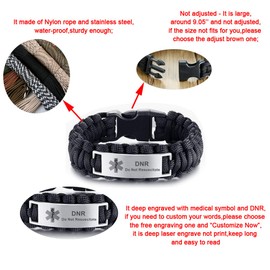 LF Mens Stainless Steel DNR Medical Alert Outdoor Black Rope Paracord Survival Medical ID Bracelet Sos Emergency Cuff Bracelets for Adult Hiking Camping Hunting Activities,Do Not Resuscitate