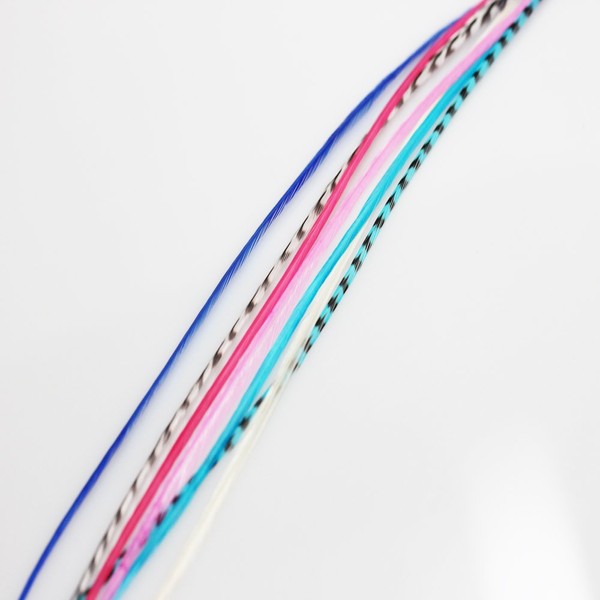 Gorgeous Pinks, Blues & Grizzly Remix 4"-7" Feathers for Hair Extension Includes 2 Silicone Micro Beads and 5 Feathers