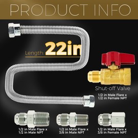 MOOTVGOO 22" Stainless Steel Flexible Natural & Propane Gas Connector, One Stop Gas Appliance Hook Up Kit with 1/2" Brass Gas Shut On/Off Valve & 3 Different Couplings