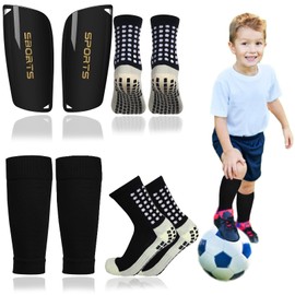 QMCZLA 4pcs Espinilleras de Futbol - 2 Pares Calcetines de Futbol Antideslizantes con Protección de Cojín EVA Set de protección de piernas de fútbol para Adolescentes, Adultos(S, Negro)