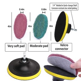 DUOSHIDA 4 Inch Drill Powered Brush Tile Scrubber Scouring Pads Cleaning Kit, 2 Different Stiffness, 4-Inch Disc Pad Holder with 6 Scrubbing Pads, Cleans Large Flat Areas Perfectly (4-inch)