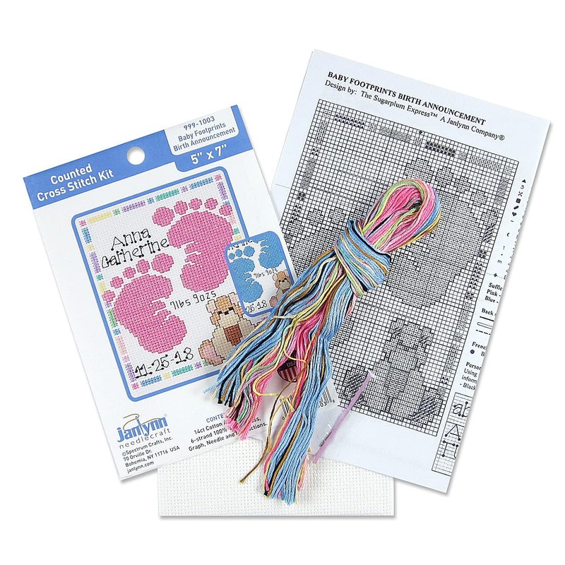 Janlynn Baby Footprints Counted Cross Stitch Kit, Pink, Purple, White
