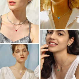 PROSILVER Women's Silver Clavicle Chain Birthstone Pendant Necklace 925 Sterling Silver Short Necklace with Zirconia Charms Minimalist Jewellery Accessory for Women, Sterling Silver, Cubic Zirconia