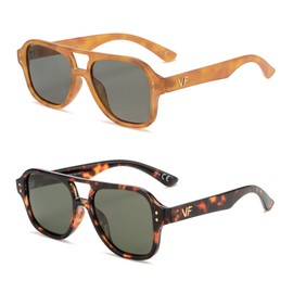 OUWEN 2 Pack Retro Polarized Square Aviator Sunglasses Trendy Rectangle Sun Glasses Tortoise&Green OW2239BD