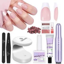 SAVILAND Press On Nails: Everlasting Gels Nail Kit Pink Medium Coffin Nail Tips 256 Pcs Full Cover Soft Gel Fake Nails with Solid Nail Glue Gel U V Lamp Nail Drill French Tip Tool Home DIY