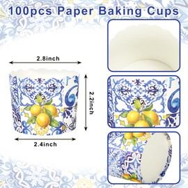 JarThenaAMCS 100Pcs Blue Tile Lemon Paper Baking Cups Yellow Blue Lemon Cupcake Wrappers Scalloped Edge Cupcake Muffin Cases for Summer Lemon Party Supplies