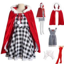 Lioskey Cindy Lou Who Christmas Costume Plaid Cindy Lou Christmas Party Dress Red Velvet Hooded Cape(Costume,M)