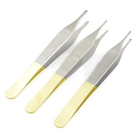 TeckMed Set of 3 TC Adson Plastic Surgery Forceps 4.75" Straight Fine Point with Tungsten Carbide Inserts Surgical Veterinary Instruments with Gold Handle (Adson Brown, Tissue and Dressing Forceps)