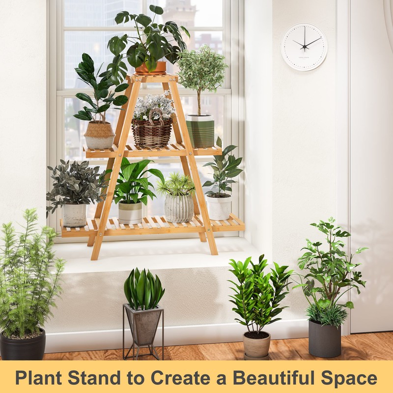 Furshus Bamboo Plant Stand - Indoor/Outdoor 3 Tier Plant Ladder,