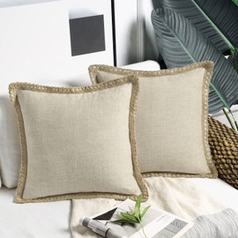 Phantoscope Pack of 2 Farmhouse Modern Fall Decorative Solid Throw Pillow Cover Burlap Linen Trimmed Tailored Edges Outdoor Pillows, Oatmeal 18 x 18 inches 45 x 45 cm