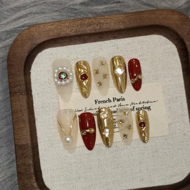 TENPAL Gold-Red Baroque Style Crystal Designs Fake Nails with Tools,Handmade Press on Nails Medium Almond,Glossy Gems Micro-Crystal Soft Gel False Nails Kit,Vintage Bridal Party Fall Winter Nails(XS)