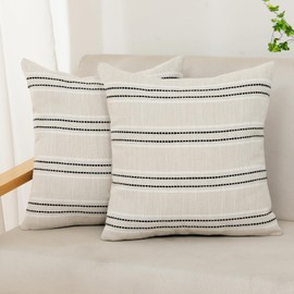 MissOwl Boho Throw Pillow Covers Striped Linen Set of 2 Farmhouse Garden Home Decor Pillowcase Cushion Cover for Couch Sofa Bed Living Room 18x18 Black Beige
