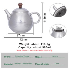 Boundless Voyage Titanium Camping Tea Kettle 380ml / 12.85Oz Ultralight Teapot Portable Water Boiler for Tea Coffee Ti3107D