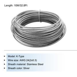 MECCANIXITY AWG 24 K-Type 2x0.3 Thermocouple Wire Braided Stainless Steel Insulation Up to 315°C/599°F 33 Ft for Thermocouple Probe Temperature Sensor
