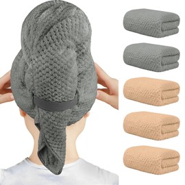 HOMEXCEL 5 Pack Microfiber Hair Towels - 40 x 20 inches Super Soft, Fast Drying Turbans for Long, Thick, Curly Hair - Anti Frizz Wrap with Elastic Strap, Brown/Grey