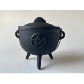Pentagram Pentacle Cast Iron Cauldron with Lid and Handle, Witches Cauldron, Great for Use with Charcoal Incense, Smudge Sage, 4.25"