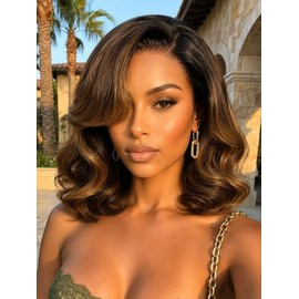 Nadula Peluca de cabello humano ondulado marrón degradado de 7 x 5 con cordón y reflejos de color rubio miel, pretodo, sin pegamento, adiós a los nudo
