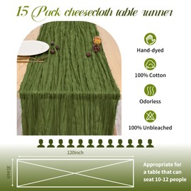 15 Pack Olive Green Cheesecloth Table Runner, 10FT Gauze Table Runner Long Semi-Sheer Table Runner Cheese Cloth Fabric Boho Table Runner for Wedding Table Decor, Boho Rustic Party Bridal Shower Decor