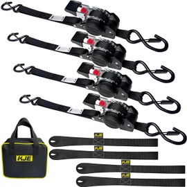 KJE Retractable Ratchet Straps, (4) 1" x 10' Tie Down Strap + (4) Soft Loop - Heavy Duty 1,650lb Max Break Strength, S-Hook with Clip, Self Retracting Ratchet Strap for Motorcycle, Kayak, ATVs, Boats